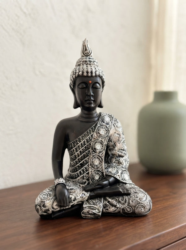 Black Silver Embossed Buddha Statue 15.5”| Zen Decor