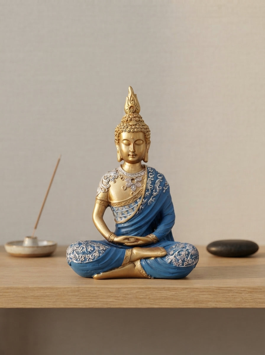 Gold Blue Meditation Buddha Statue 15" | Zen Decor