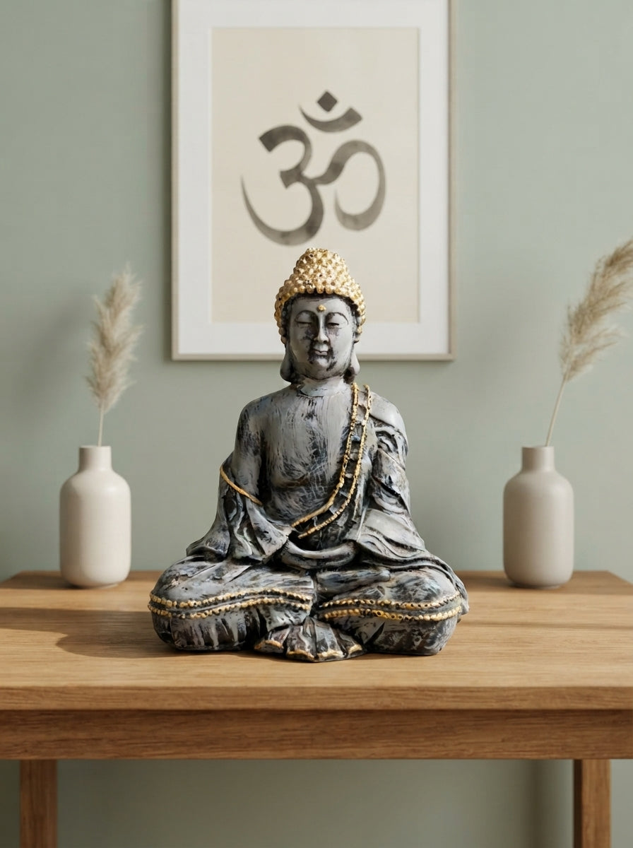 Stone Grey Gold Buddha Statue | Zen Decor