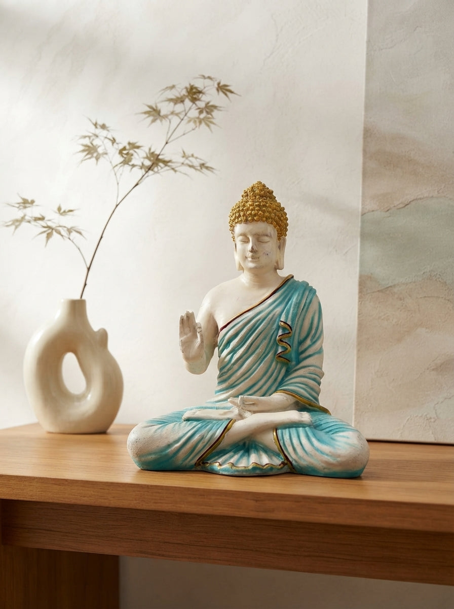 Ivory Teal Gold Buddha Statue 14.5" | Zen Decor