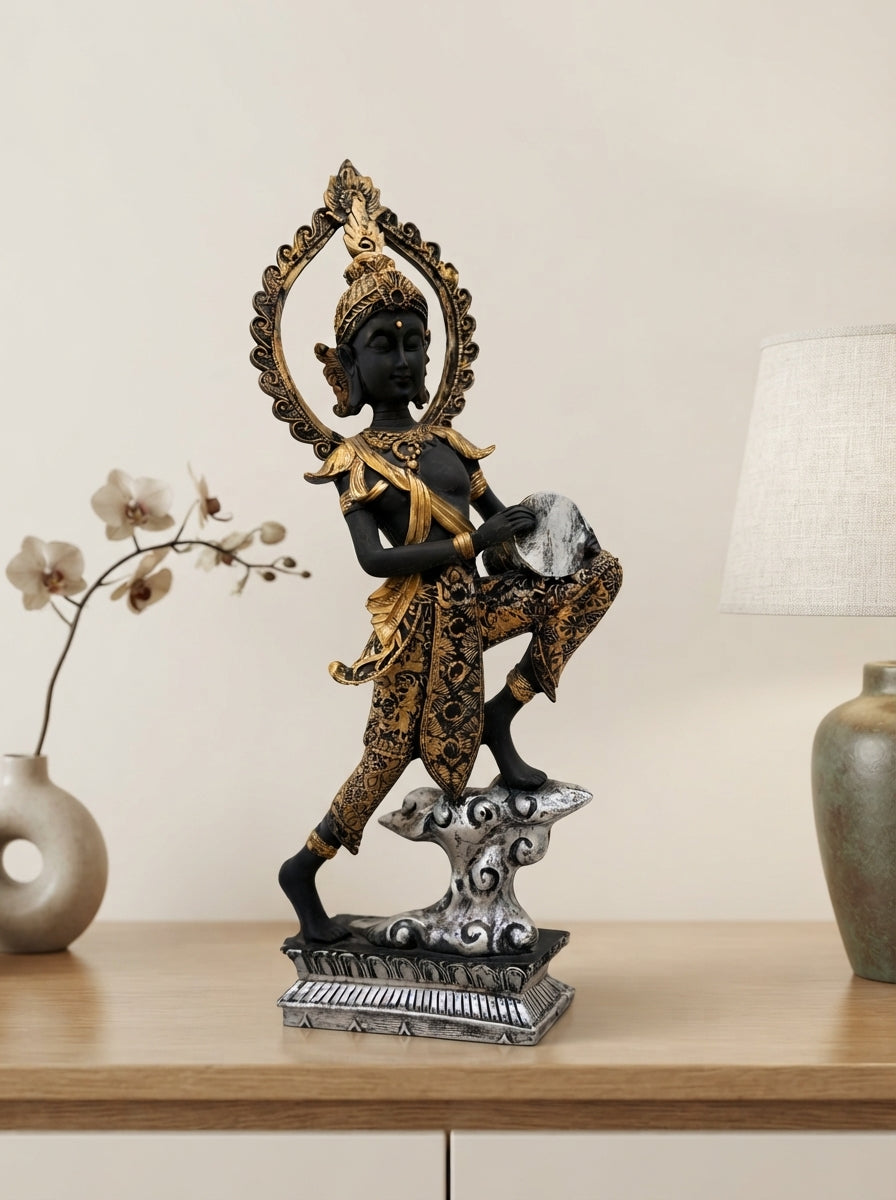 Black Gold Celestial Drummer Statue | Asian Decor