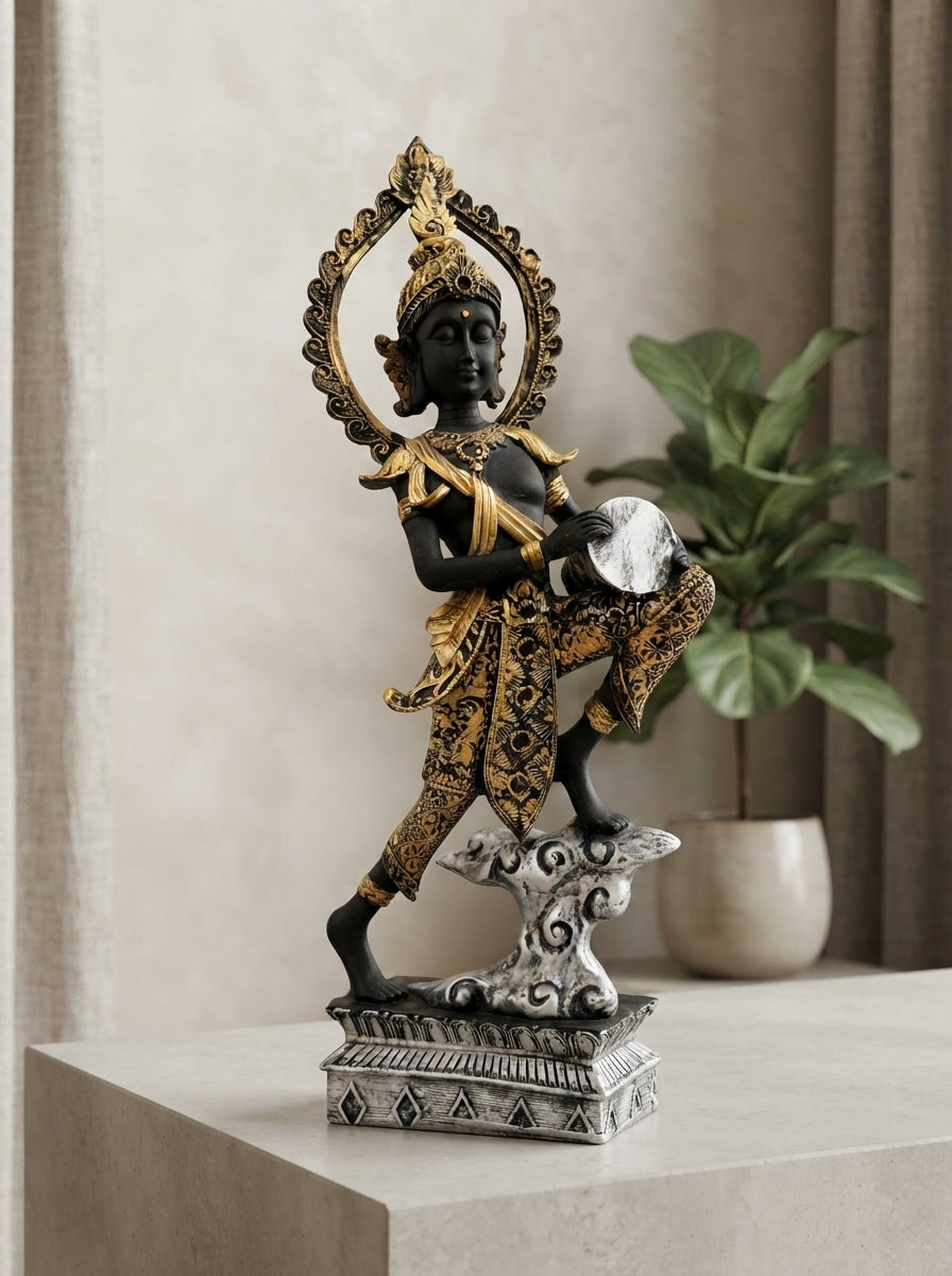 Black Gold Celestial Drummer Statue | Asian Decor