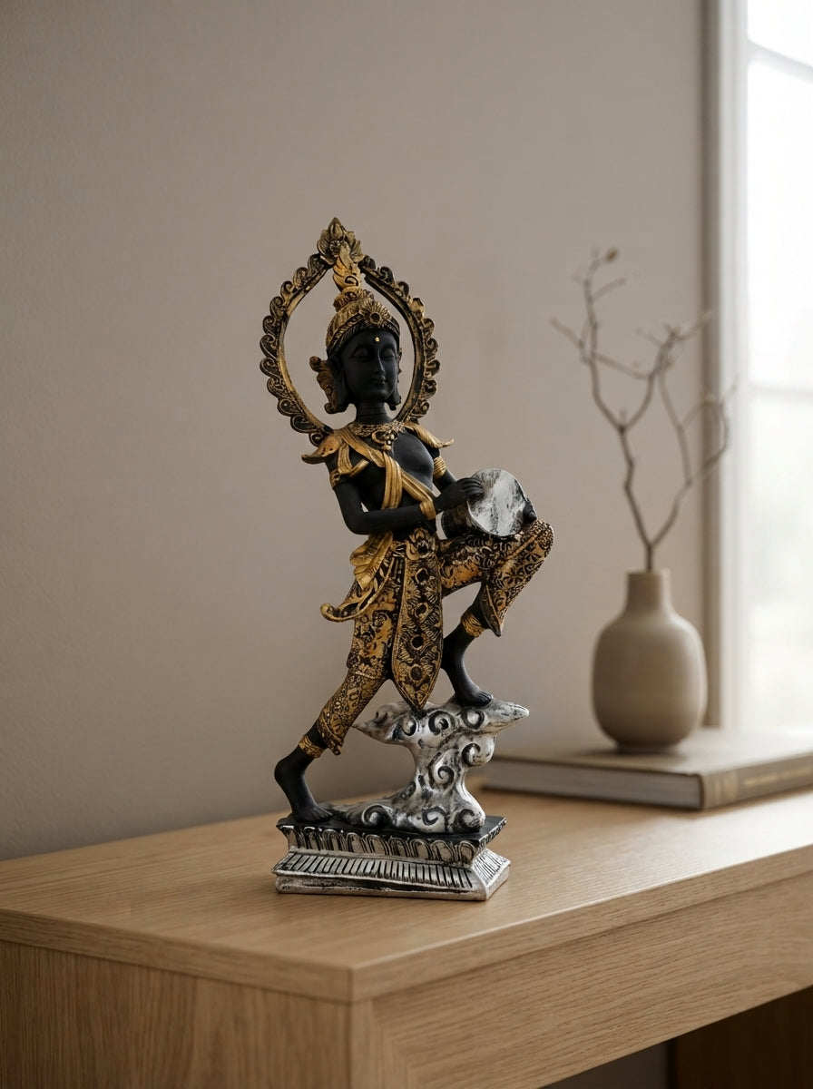 Black Gold Celestial Drummer Statue | Asian Decor