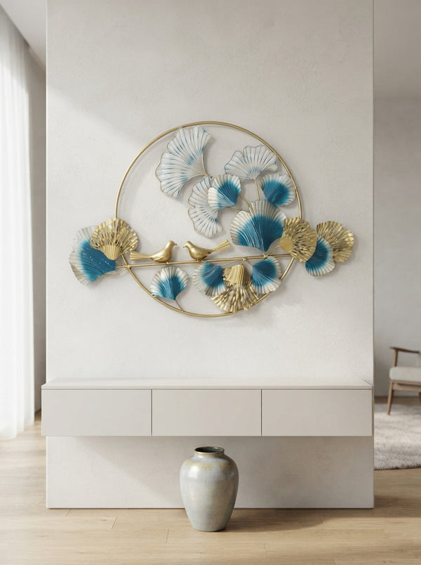 Gold Blue Ginkgo Leaf LED Wall Art | Bird Decor