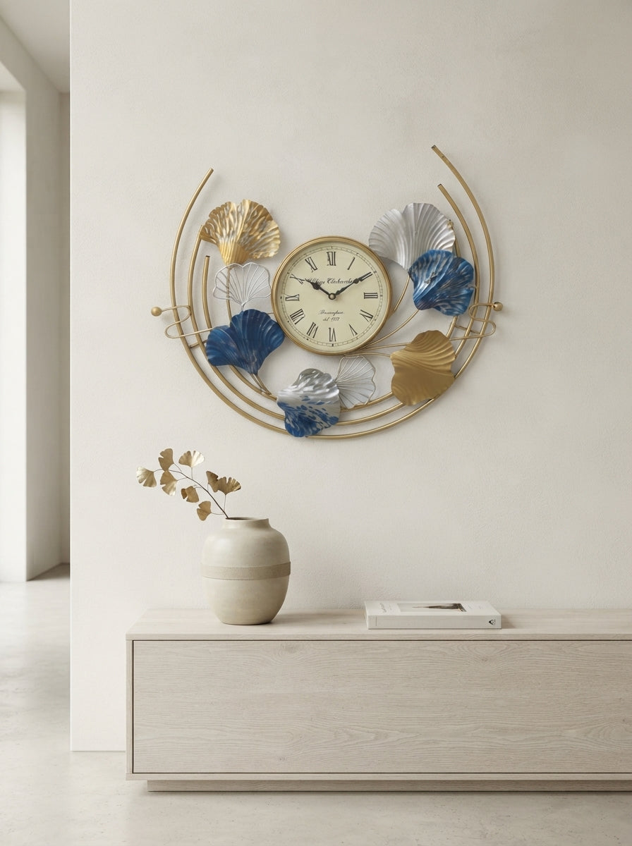 Ginkgo Leaf Wall Clock | Gold Blue Silver Metal Art Clock