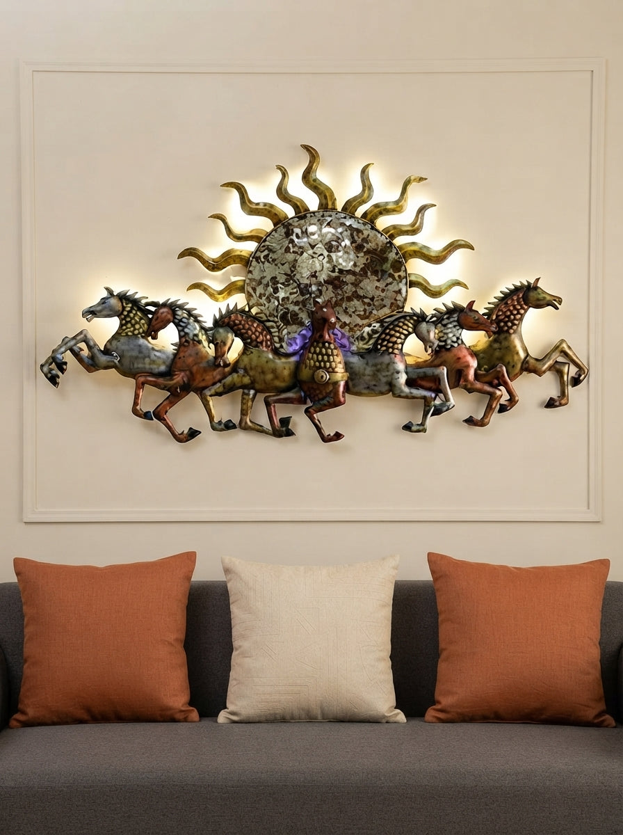 7 Horses Metal Wall Art with LED | Sun Backlit Decor