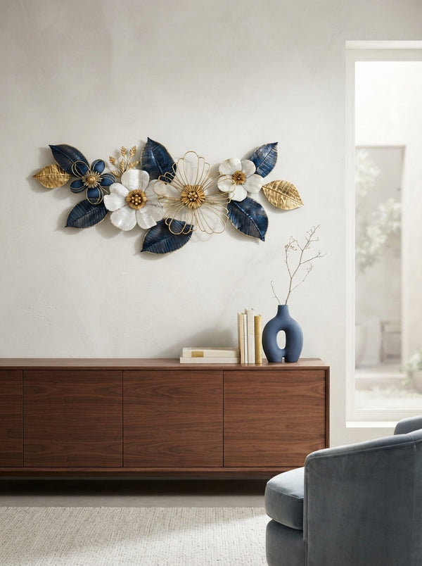 White and Golden Flowers Metal Wall Decor 50" x 26" – Elegant Large Flower Wall Art for Modern Home Interiors
