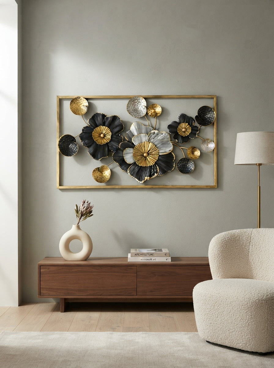 Framed Floral Wall Art 36" x 21" – Elegant Metal Flower Wall Decor for Living Room & Bedroom