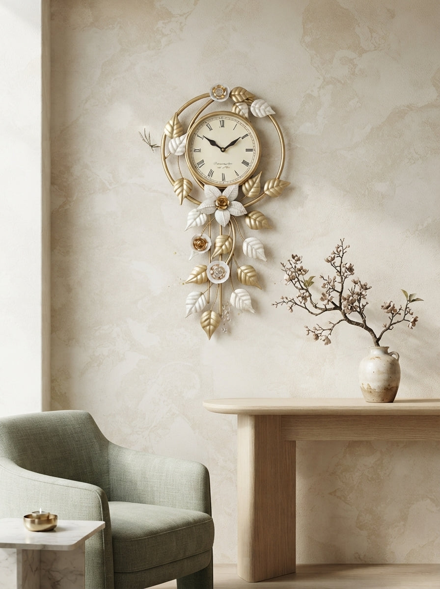 Hanging Leaves Wall Clock 14" x 30" – Decorative Metal Leaf Wall Clock for Living Room & Home Decor