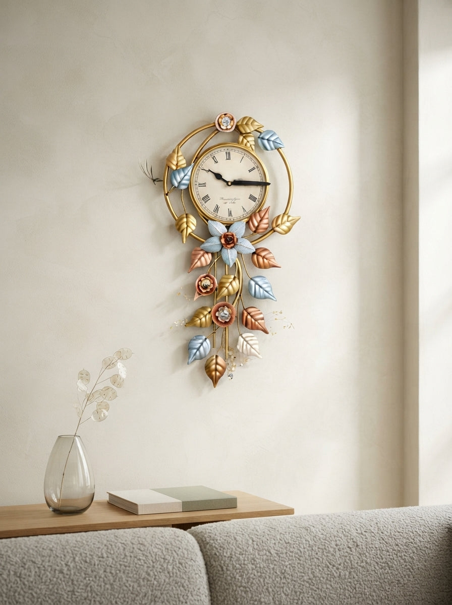 Hanging Leaves Wall Clock 14" x 30" – Decorative Metal Leaf Wall Clock for Living Room & Home Decor