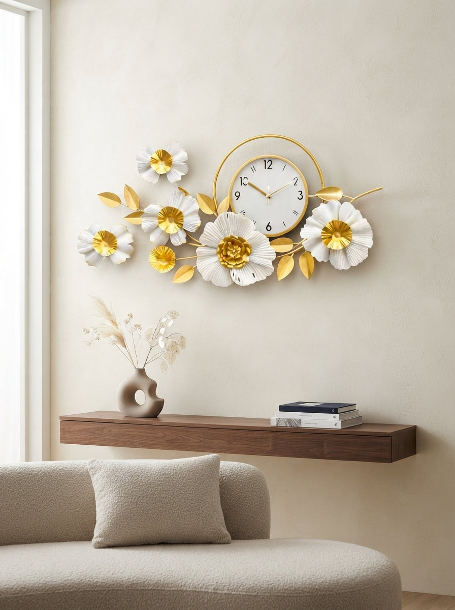 Gold and White Floral Wall Clock 42" x 19" – Decorative Metal Flower Clock for Living Room & Home Decor
