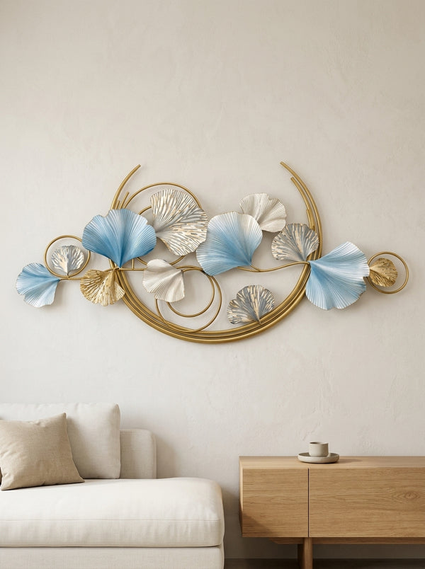 Ginkgo Leaf Metal Wall Art | Blue, Silver & Gold Wall Decor