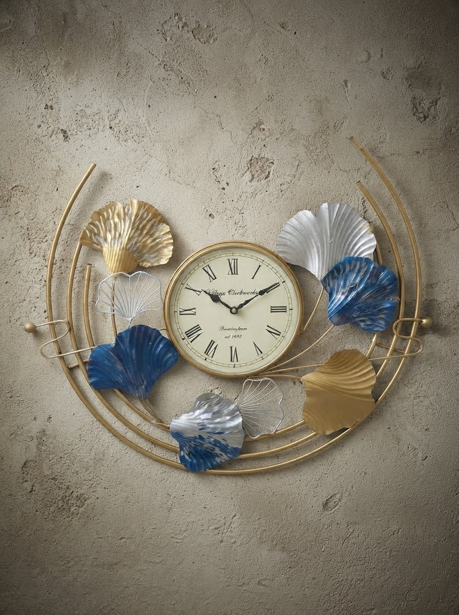 Ginkgo Leaf Wall Clock | Gold Blue Silver Metal Art Clock