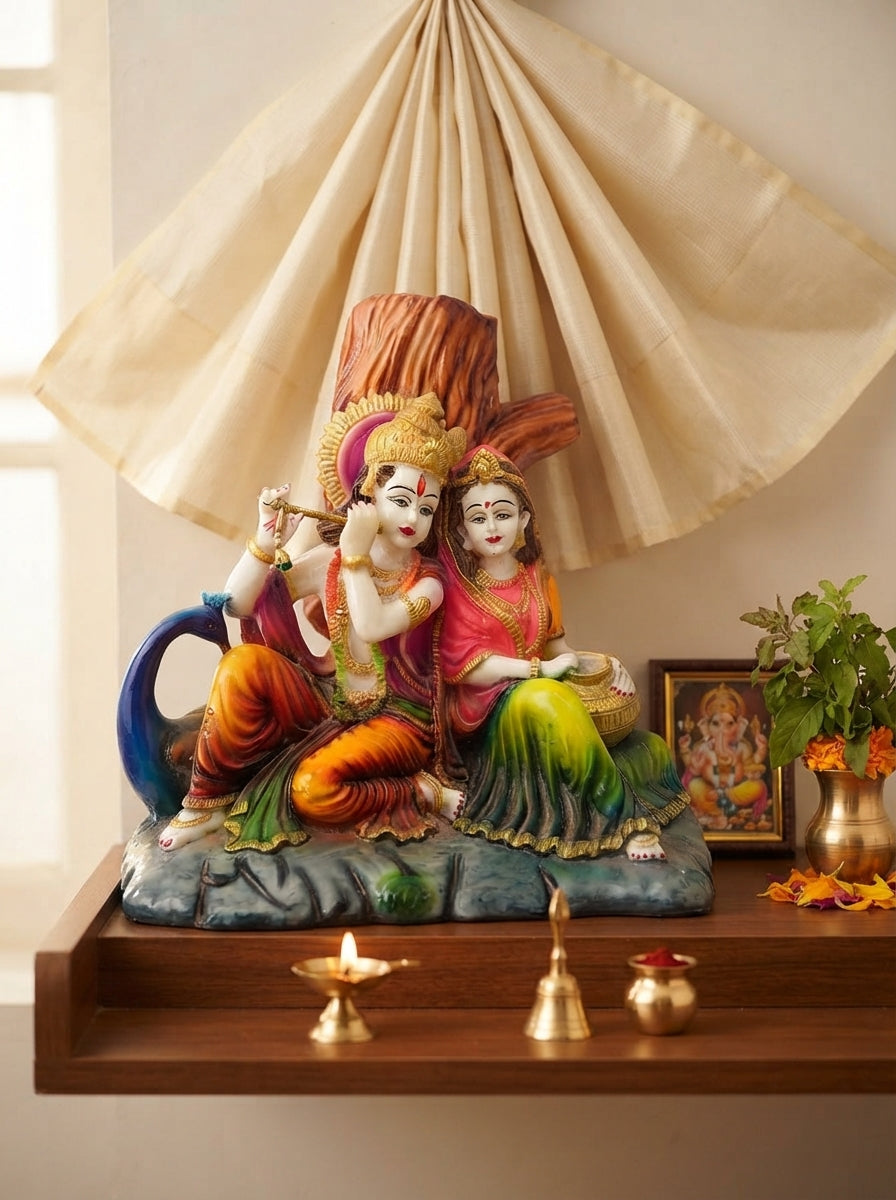 Radha Krishna Seated Statue | Colorful Deity with Peacock