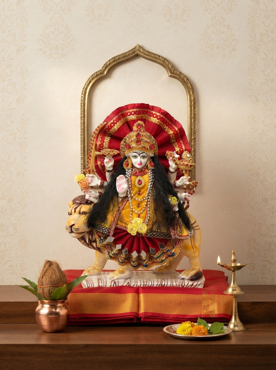 Goddess Durga on Lion Statue | Fabric Dressed Hindu Idol
