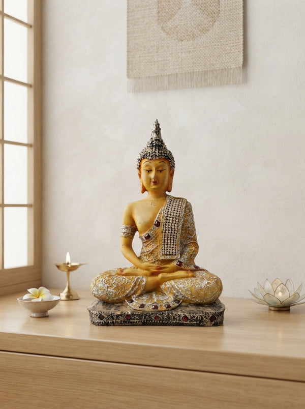 Gold Silver Meditating Buddha Statue | Jeweled Zen Decor