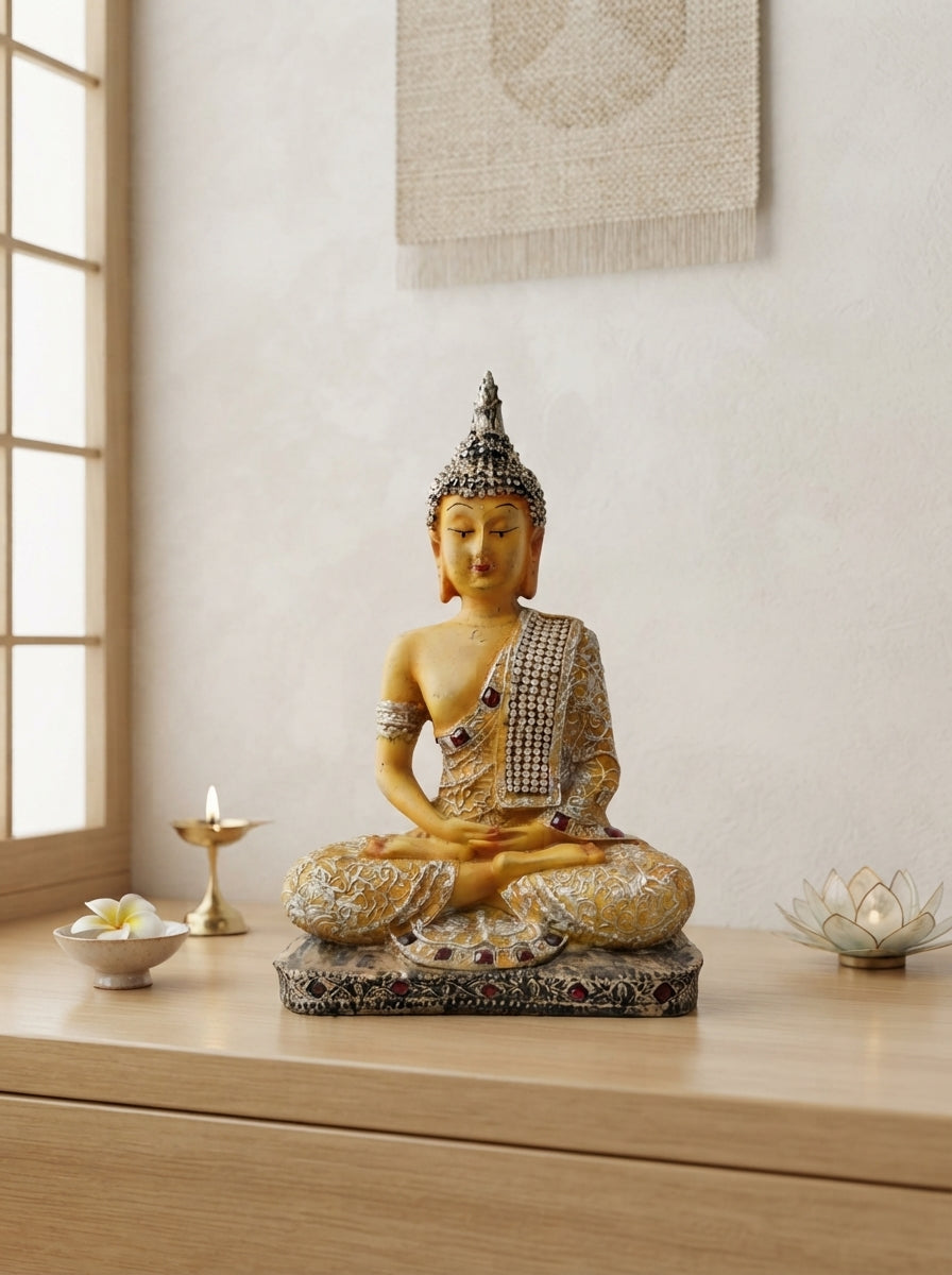 Gold Silver Meditating Buddha Statue | Jeweled Zen Decor