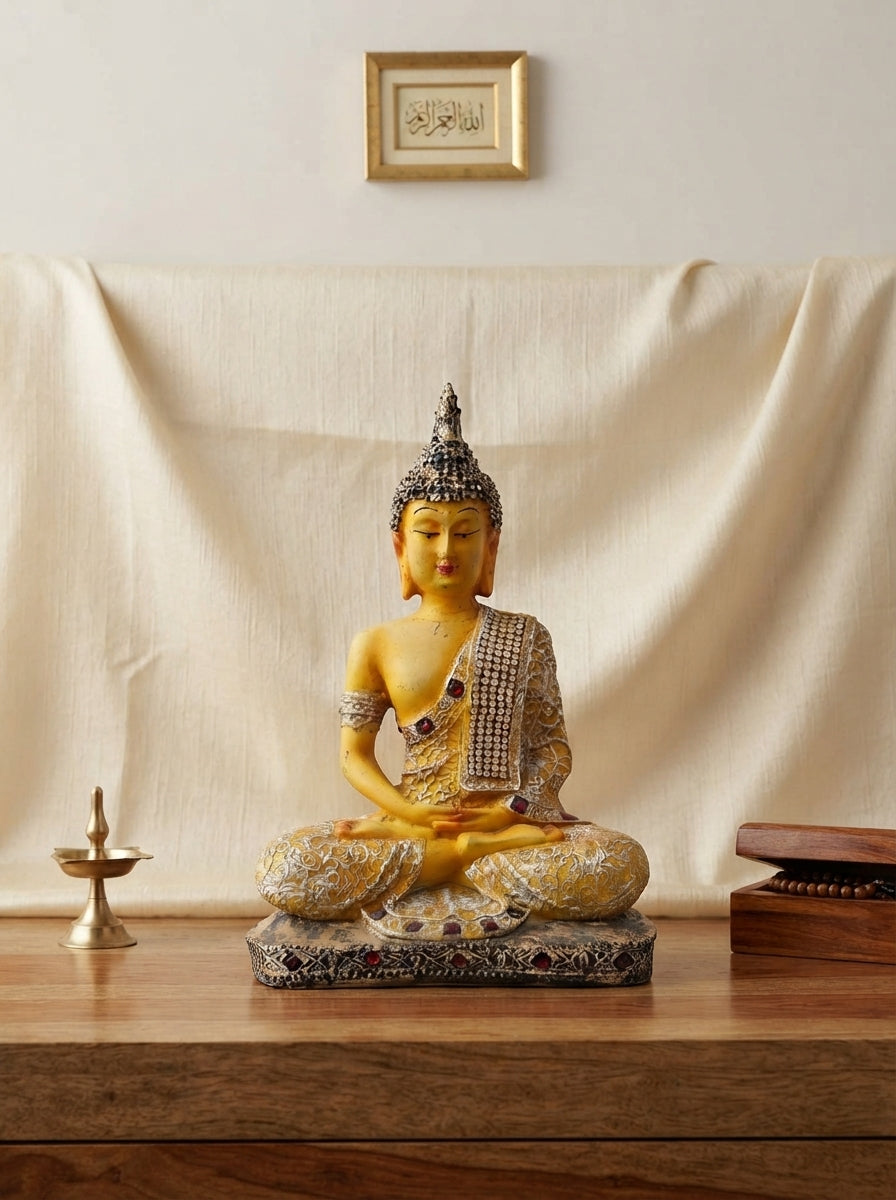 Gold Silver Meditating Buddha Statue | Jeweled Zen Decor