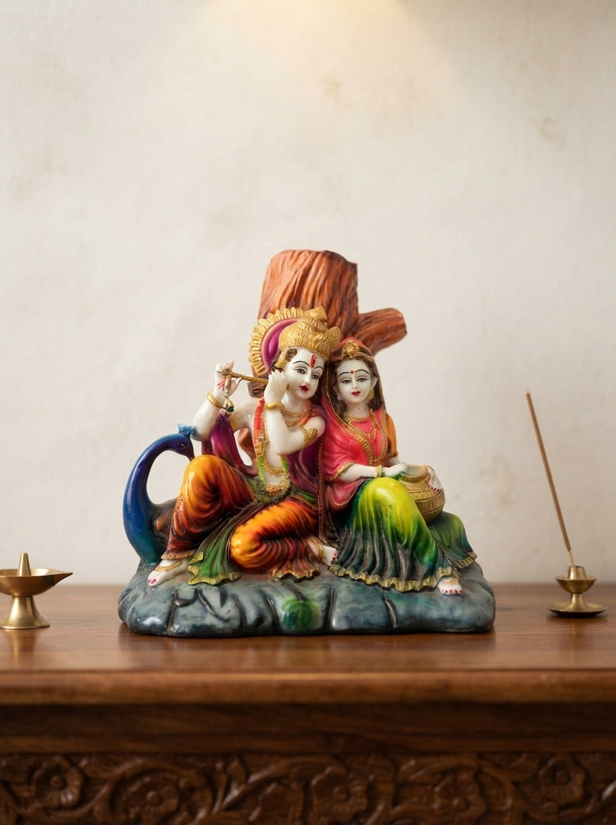 Radha Krishna Seated Statue | Colorful Deity with Peacock