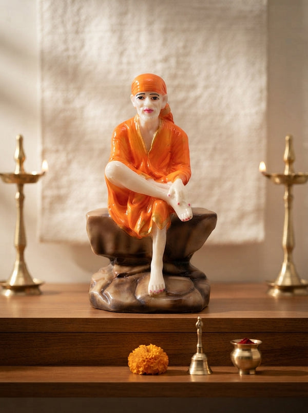 Sai Baba Statue 9.5" | White Marble Seated Figurine on Rock