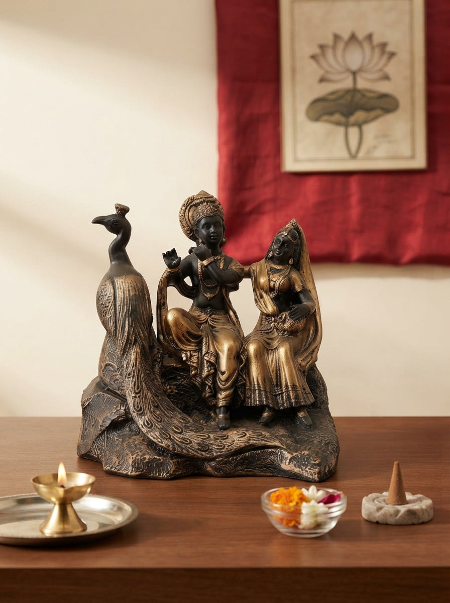 Radha Krishna Statue with Peacock | Antique Bronze Figurine