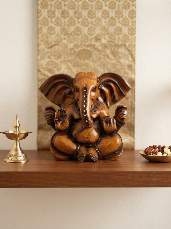 Wooden Lord Ganesha Idol 7" | Hand-Carved Statue for Pooja Room