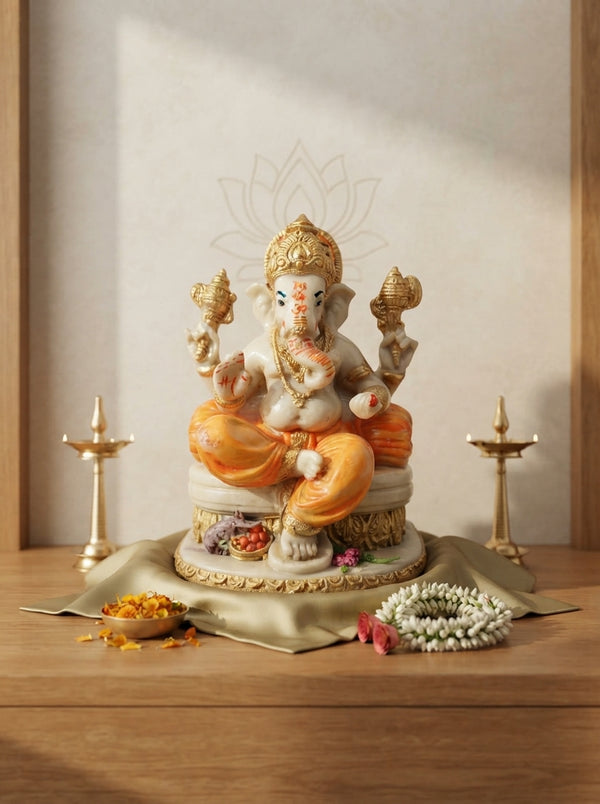 Ganesha Statue on Throne | Orange & Gold Marble Finish