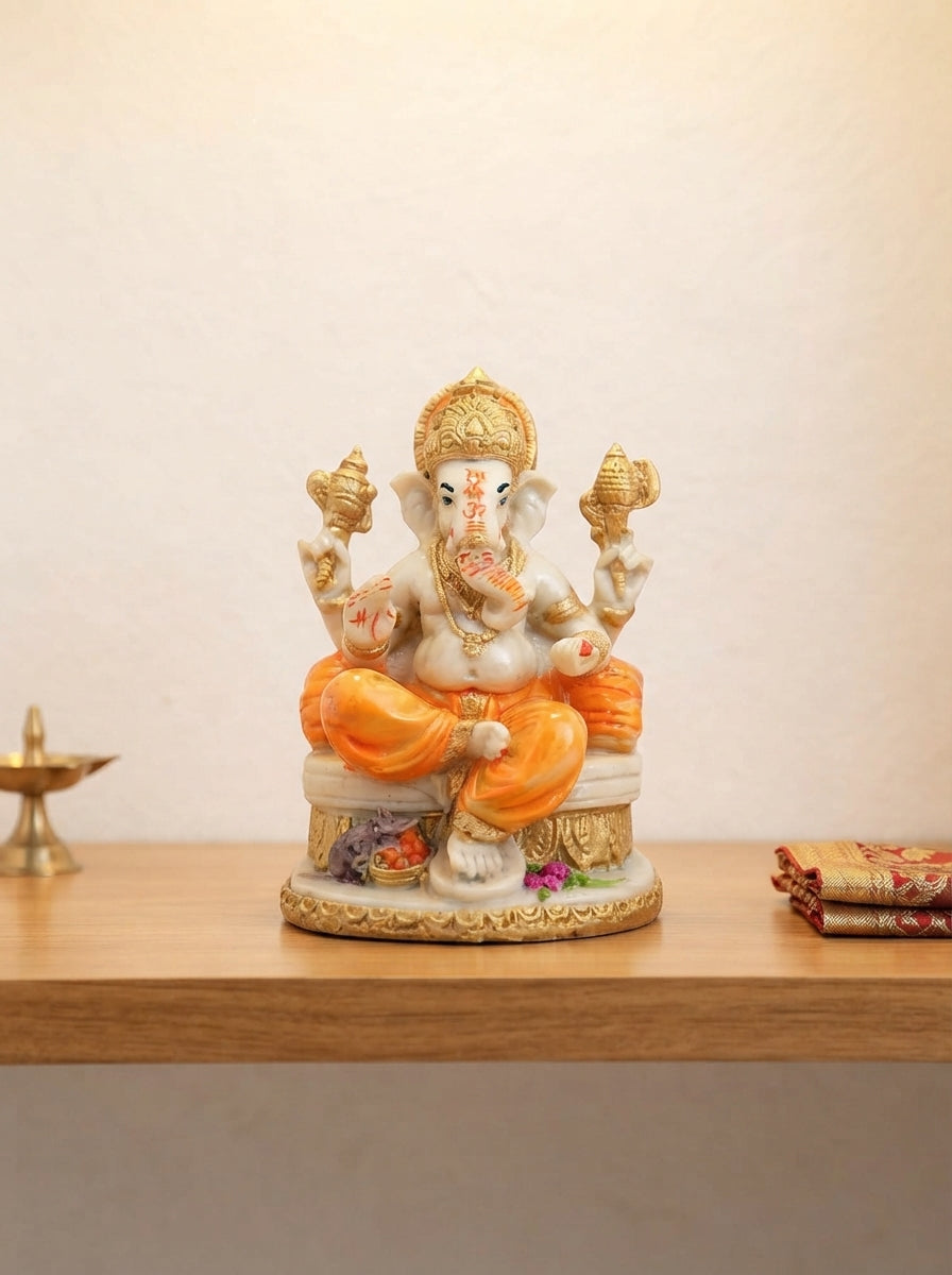 Ganesha Statue on Throne | Orange & Gold Marble Finish
