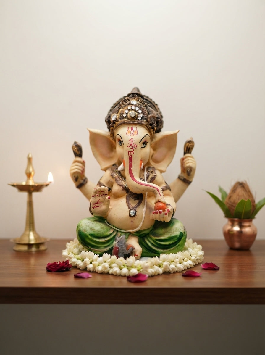 White Marble-Finish Ganesha Statue | Gold Crown Idol