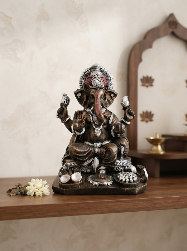 Dark Bronze Ganesha Statue | Silver Accent with Bowls Base
