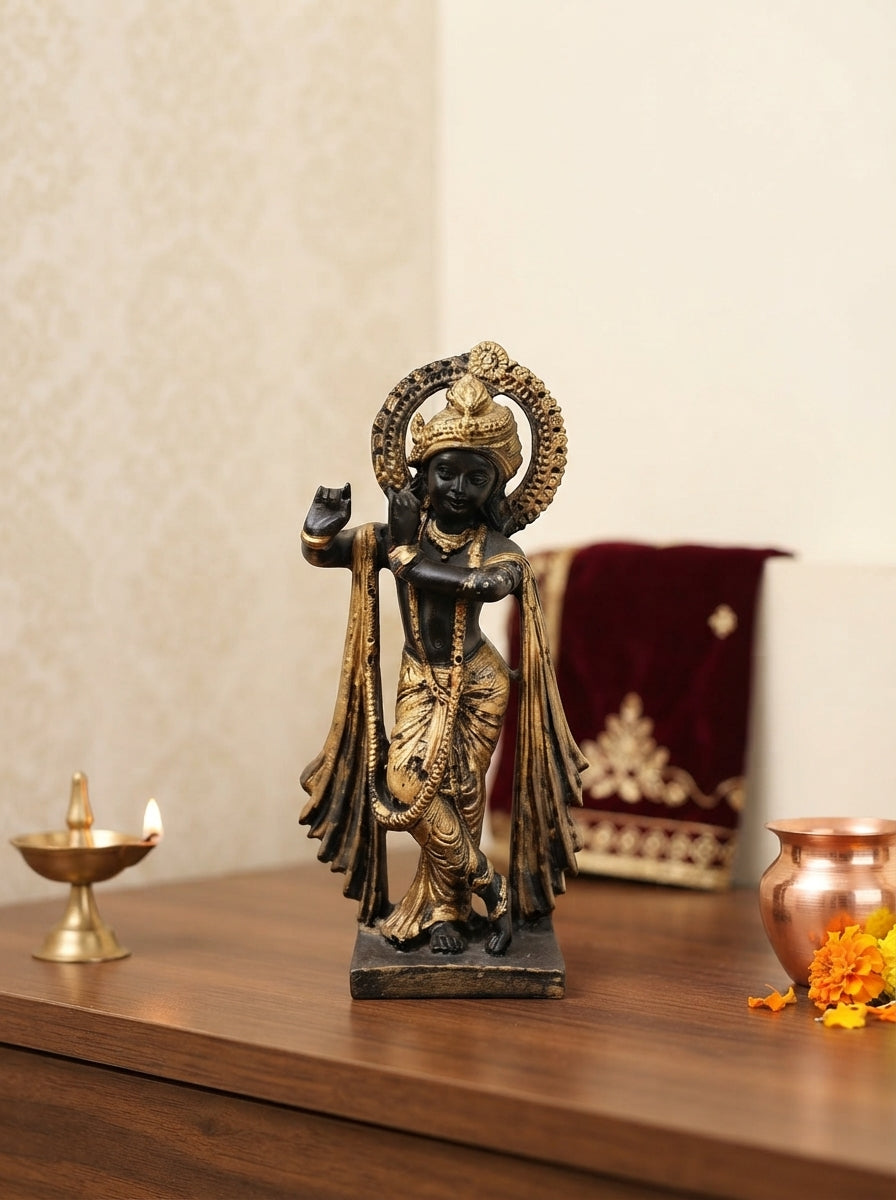 Lord Krishna Statue with Halo | Black & Gold Finish