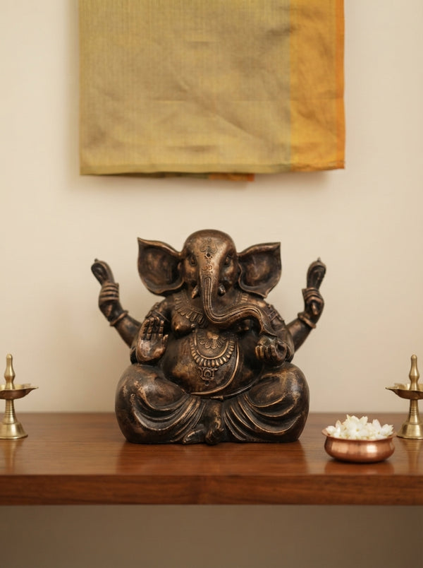Antique Bronze Ganesha Statue | Four-Armed Seated Idol