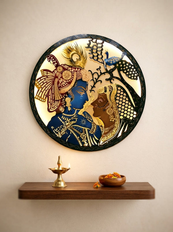 Round Laser Cut Radhe Krishna Wall Art – Decorative Metal Spiritual Wall Decor for Home Temple & Living Room