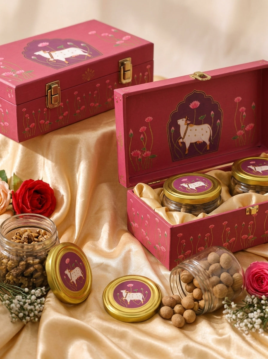 Pink Pichwai Cow Gift Box with 2 Glass Jars | Diwali Hamper