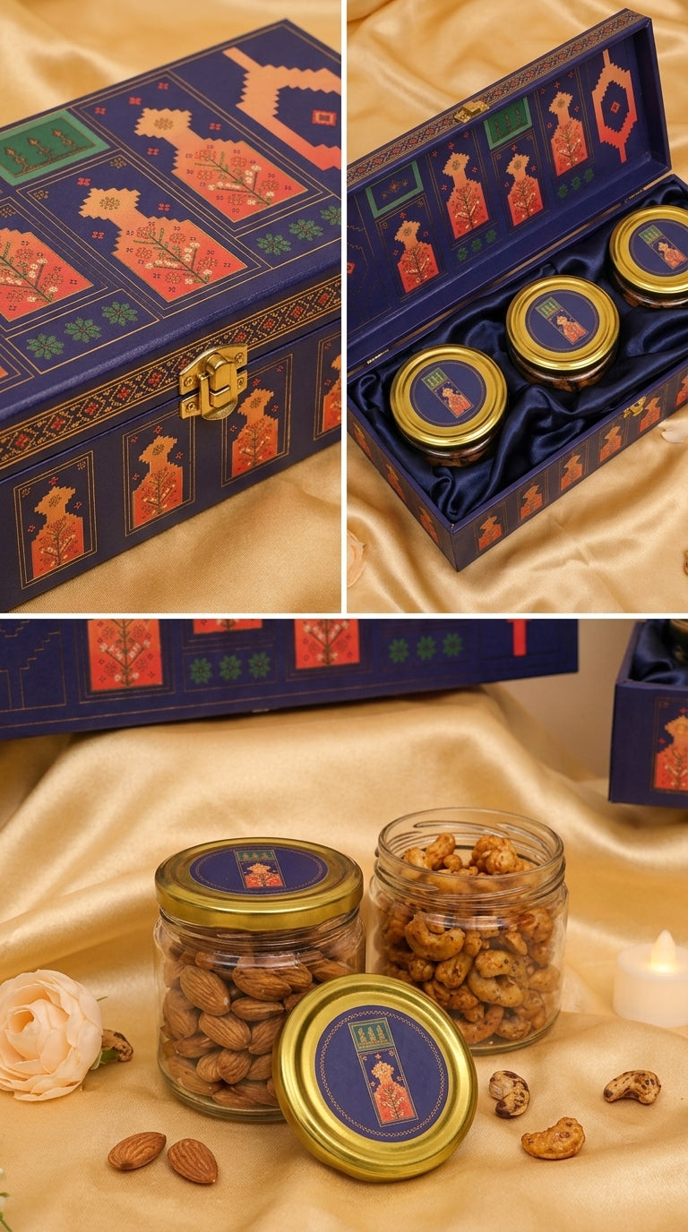 Navy Geometric 3 Jar Gift Box | Coral & Gold Diwali Hamper