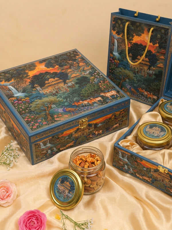 Palace Landscape 4 Jar Square Gift Box with Carry Bag | Diwali Hamper