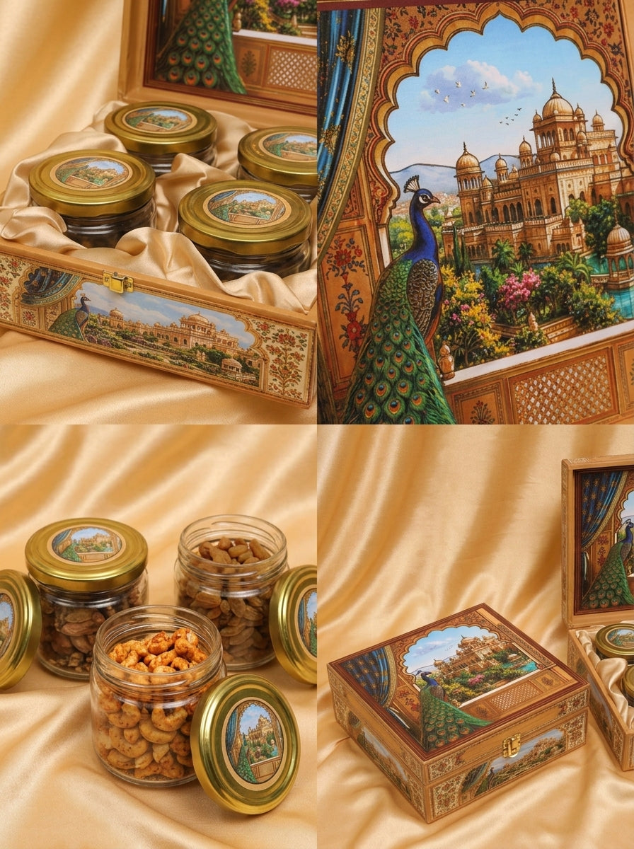 Peacock Palace 4 Jar Square Gift Box | Rajasthani Diwali Hamper