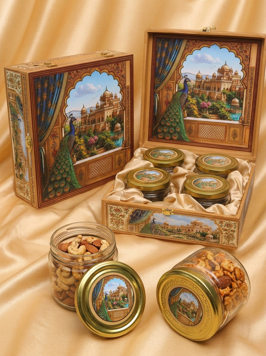 Peacock Palace 4 Jar Square Gift Box | Rajasthani Diwali Hamper