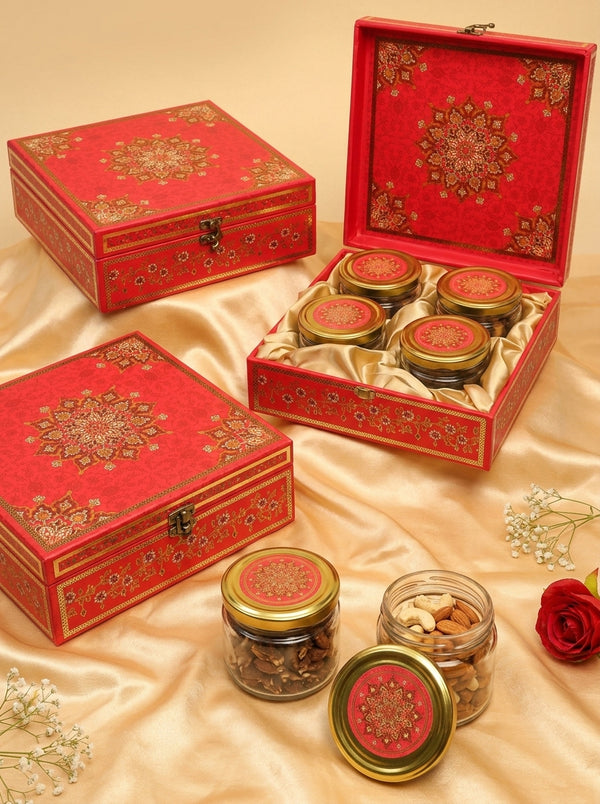 Red Mandala 4 Jar Square Gift Box | Gold Floral Diwali Hamper