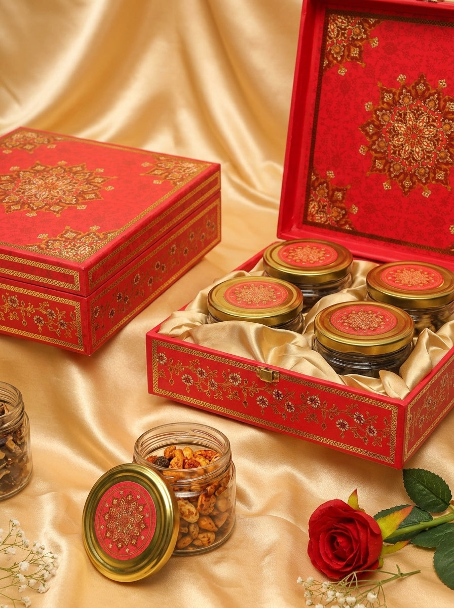Red Mandala 4 Jar Square Gift Box | Gold Floral Diwali Hamper