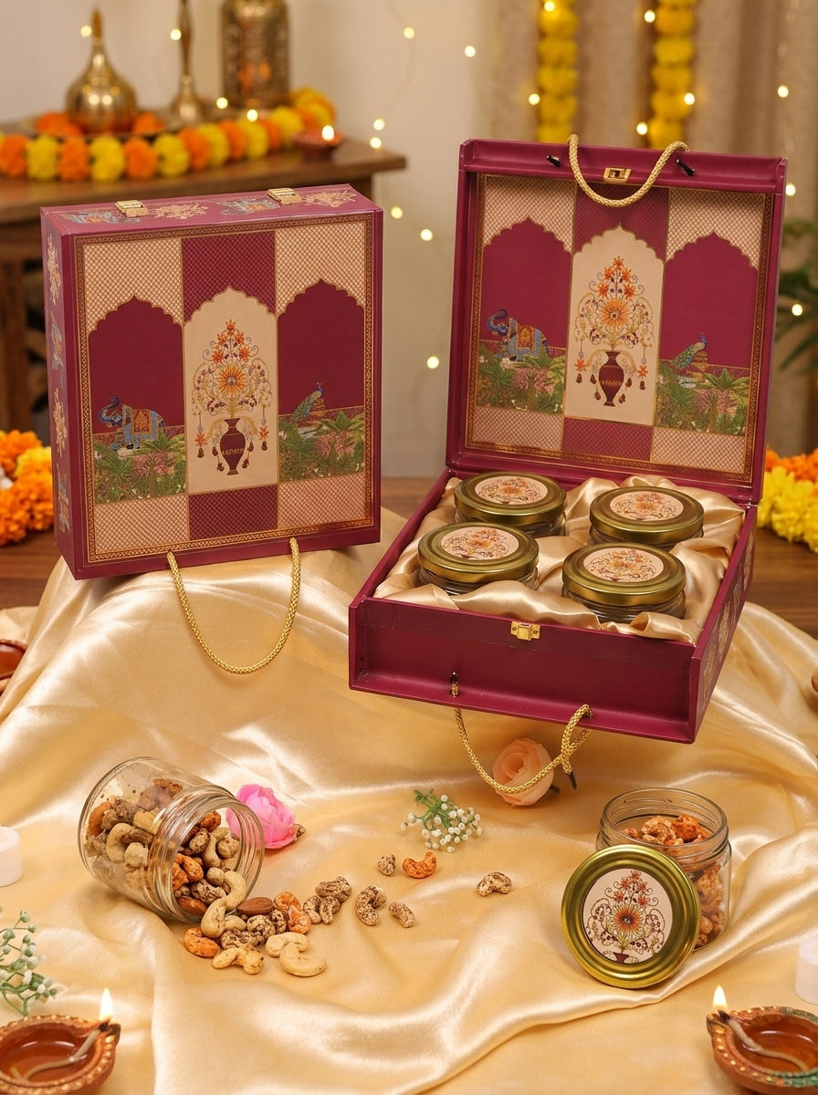 Maroon 4 Jar Square Gift Box with Rope Handle | Diwali Hamper
