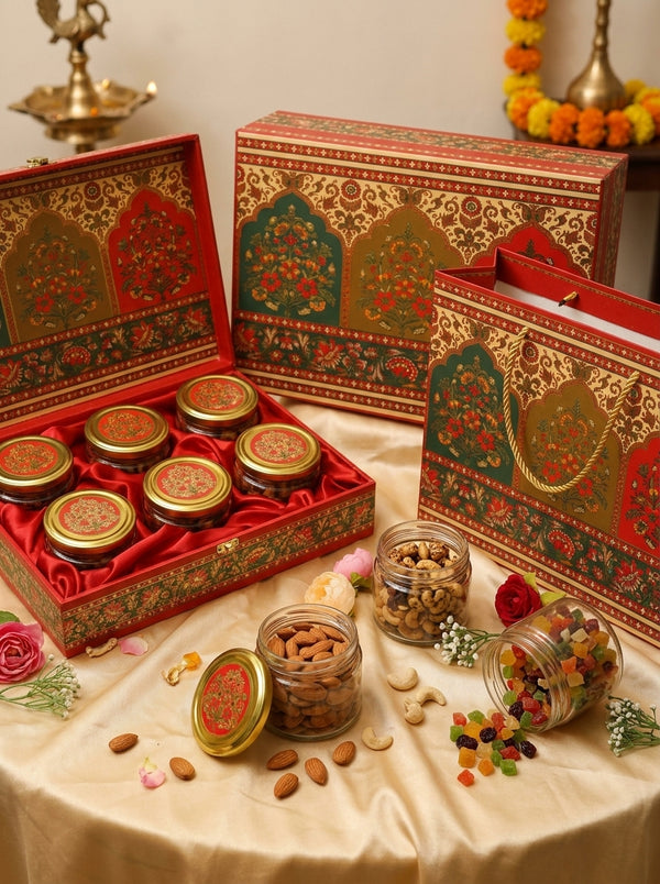 Red & Green Floral 6 Jar Gift Box with Carry Bag | Diwali Hamper