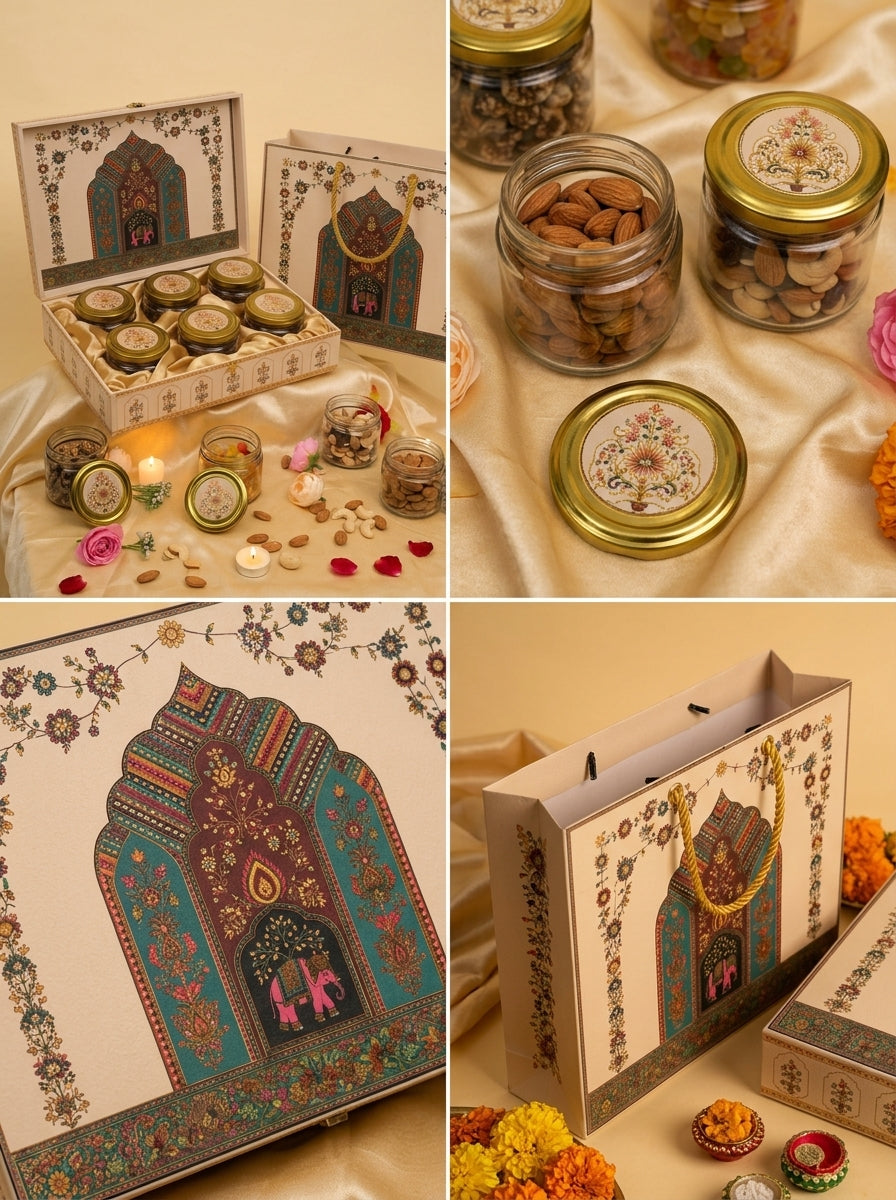 Cream Mughal Arch 6 Jar Gift Box with Carry Bag | Diwali Hamper