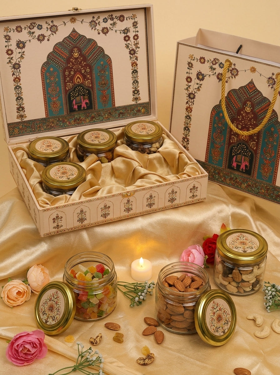 Cream Mughal Arch 6 Jar Gift Box with Carry Bag | Diwali Hamper