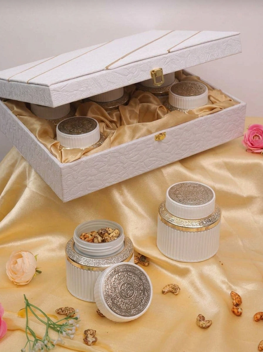 White Textured 4 and 6 Jar Gift Box with Silver Lid Jars | Premium Hamper