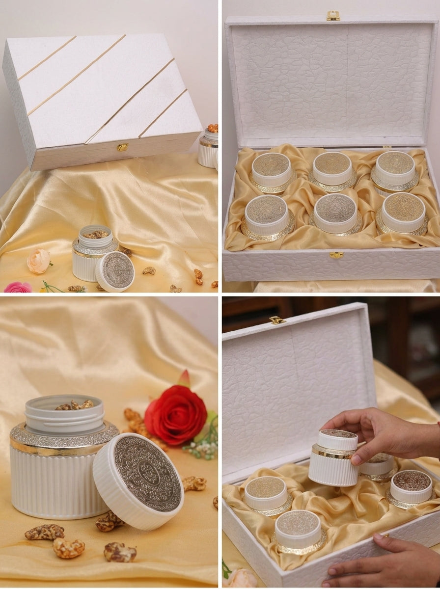 White Textured 4 and 6 Jar Gift Box with Silver Lid Jars | Premium Hamper