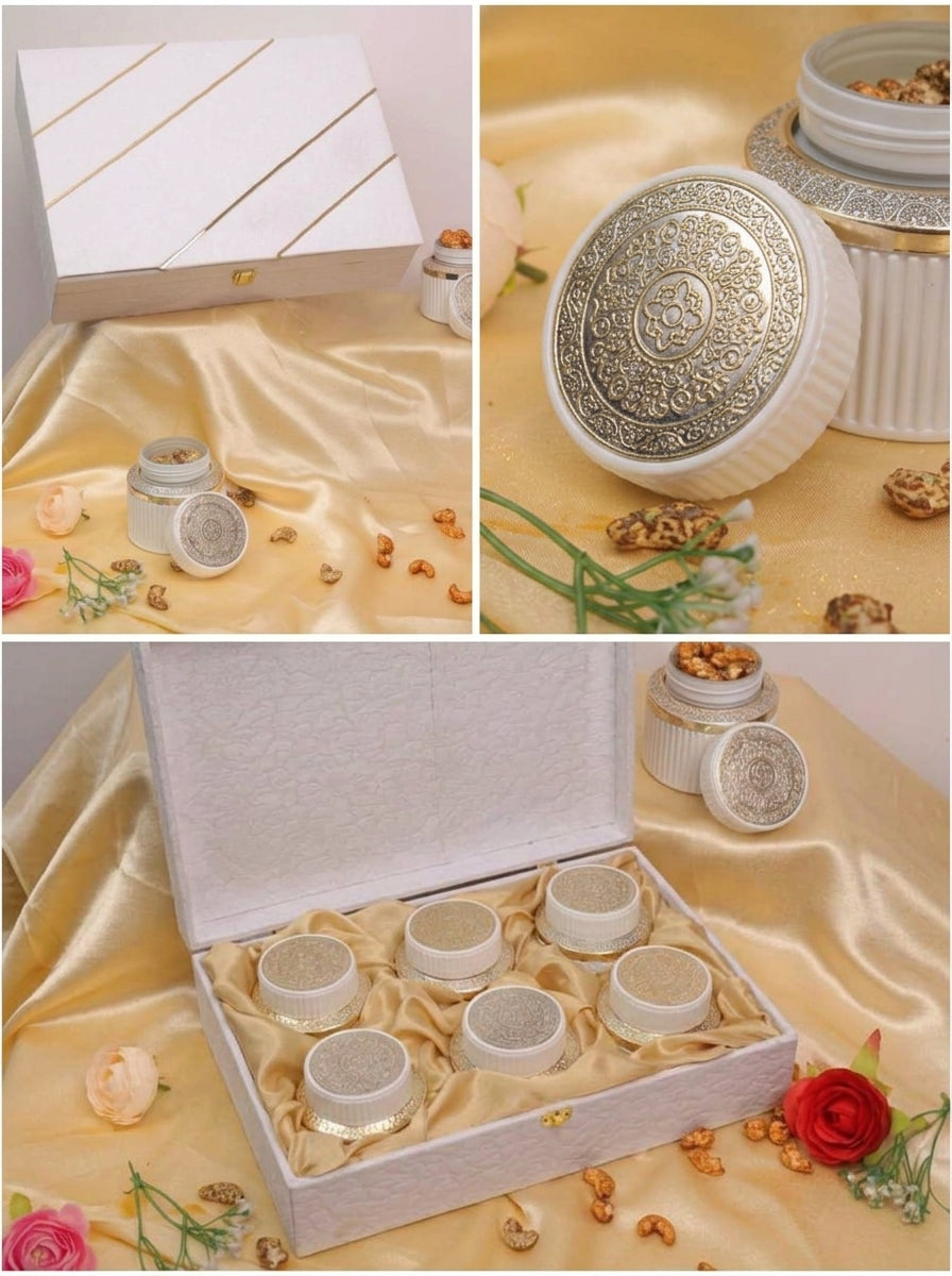 White Textured 4 and 6 Jar Gift Box with Silver Lid Jars | Premium Hamper