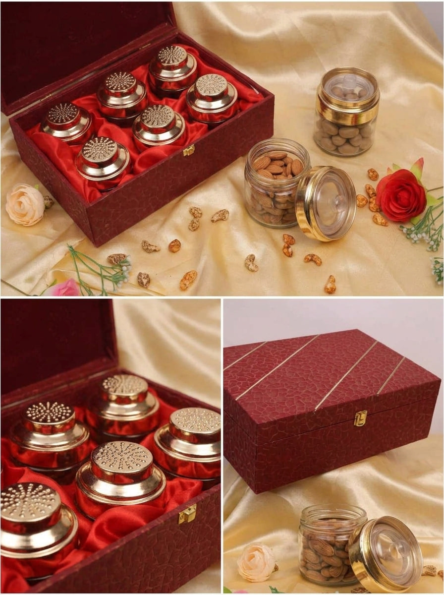 Maroon Textured 4 & 6 Jar Gift Box | Gold Stripe Premium Hamper