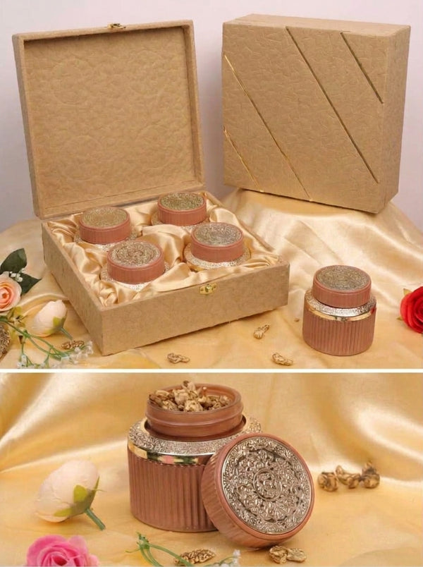 Beige Textured 4 Jar Gift Box with Terracotta Silver Lid Jars