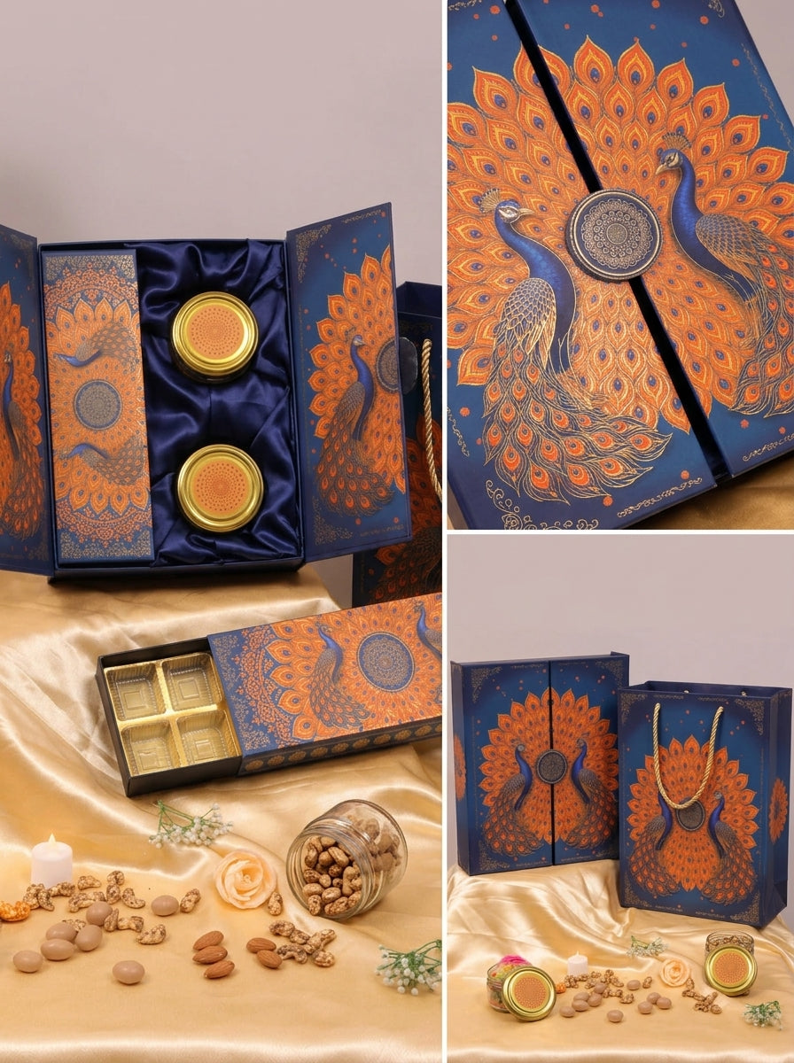 Peacock Door Style Gift Box | 2 Jars + 12 Cavity Chocolate Tray